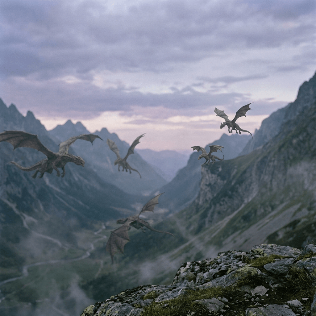 Armored ranger with bow overlooking dragons in a misty mountain valley